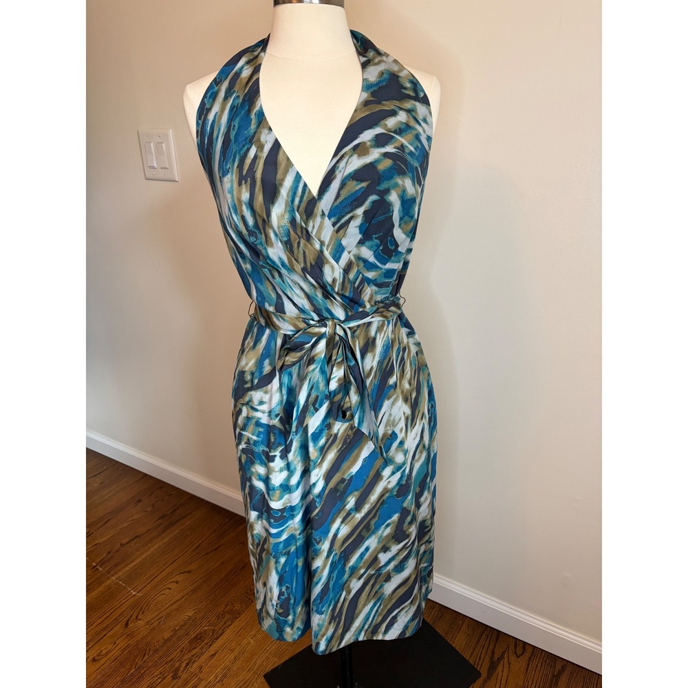 Ann Taylor Women Blue Abstract Silk Halter Midi Dress Tie Waist 8 Feminine Chic